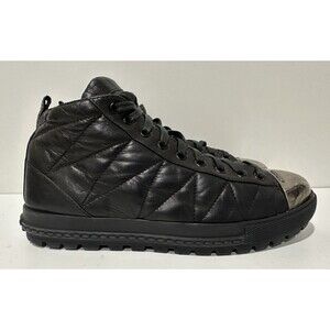 Miu Miu women size 37 metal cap toe black leather high top flats lace up sneaker